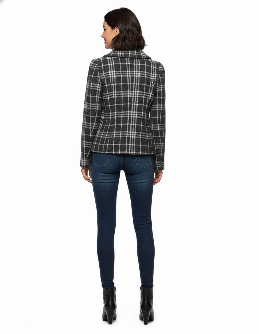 Susie Rose L Dark Academia Plaid Peacoat Cropped Double Breasted Quiet Luxury