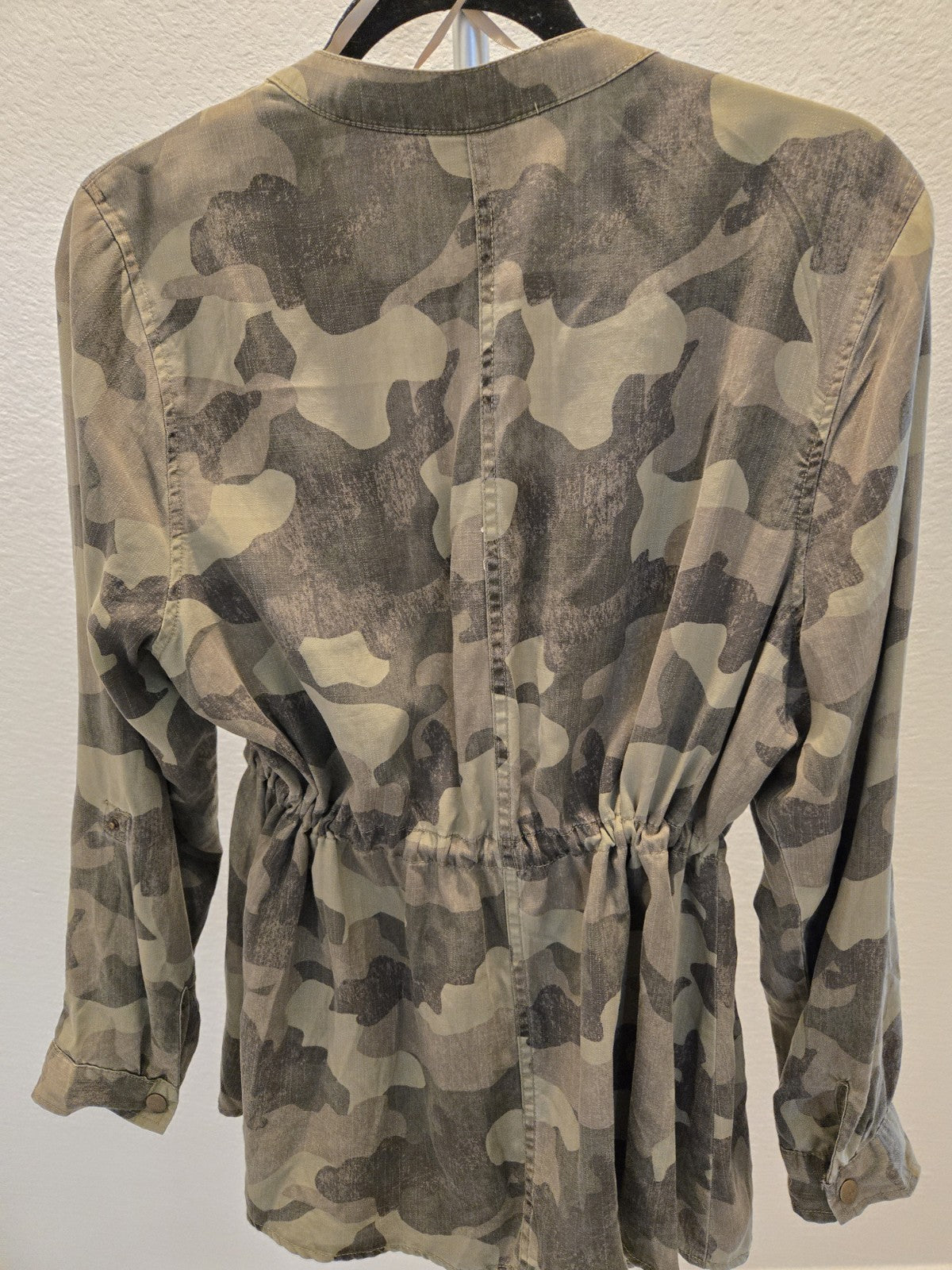 Knox Rose NWT Camo Utility Jacket L Draped Open Front Drawstring Tie Waist Boho