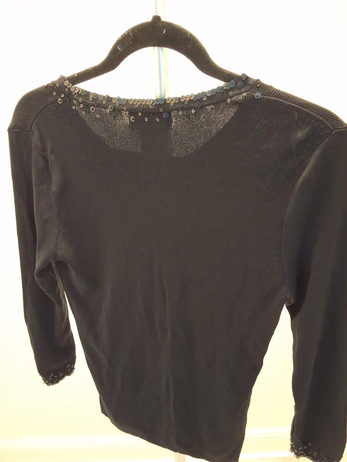 FINITY Size M Vintage Black 3/4 Sleeve Stretchy Top Sequin Neckline Womens Glam