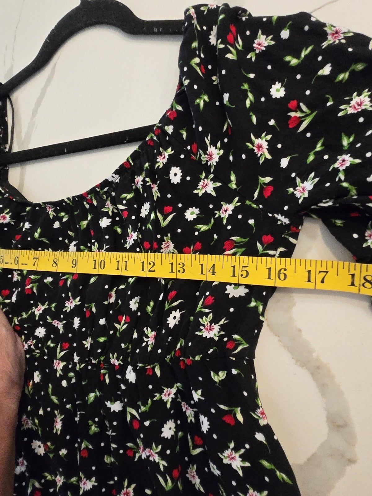 Dream Ofie L Floral Mini Dress Womens Puff Sleeve Sweetheart Neck Black Summer