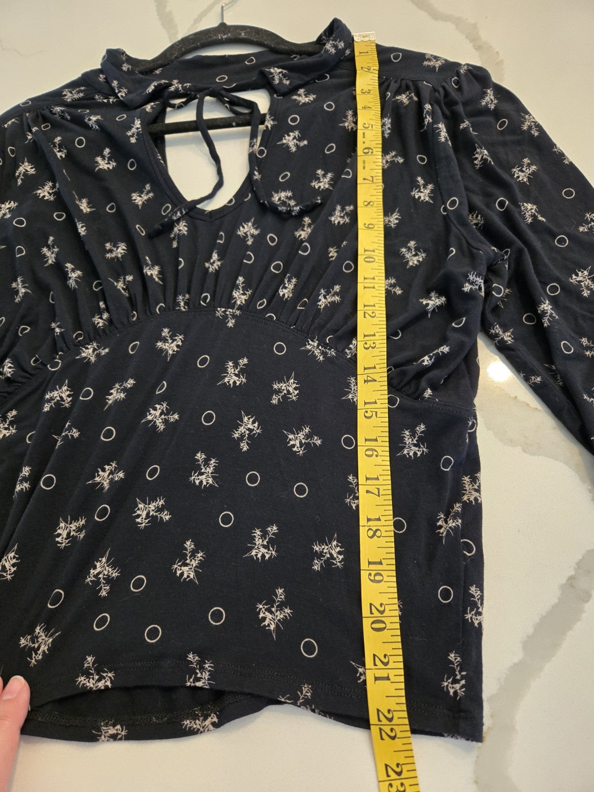 Free People Large Black Floral Circle Keyhole Tie Neck Ruffle Ruched Unique Top