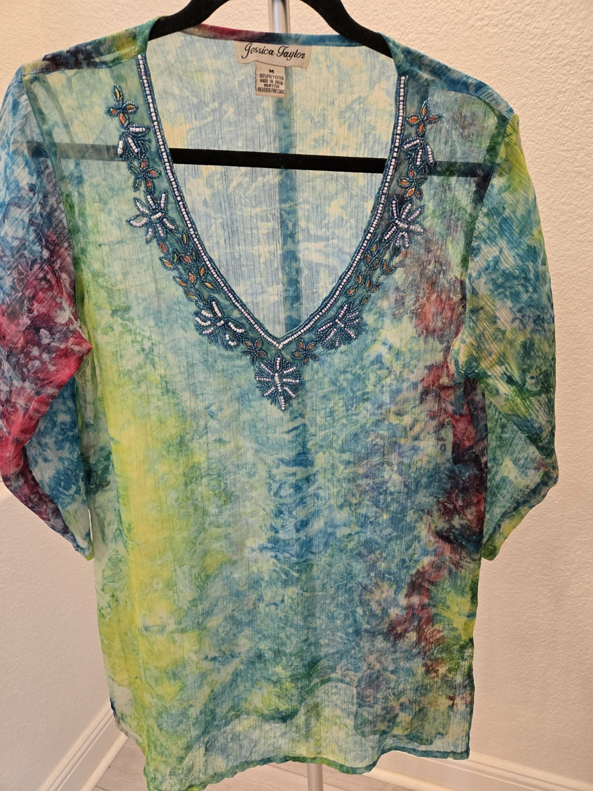 Jessica Taylor Sequins & Bead Blue Turquoise M Sheer V-Neck Tunic Blouse Womens