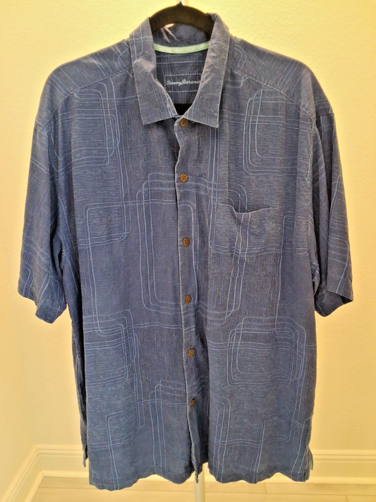 Tommy Bahama 100% Silk Size XL Mens Blue Hawaiian Geometric Shirt