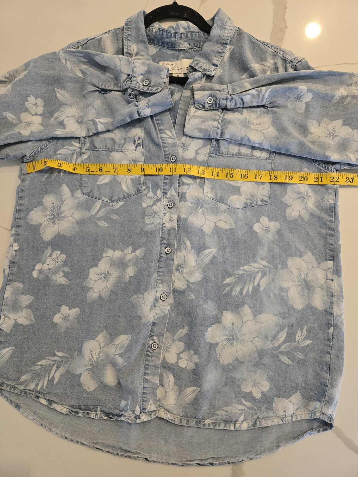 Vintage Havana M Bleached Tropical Denim Look Button Down 100% Lyocell Top