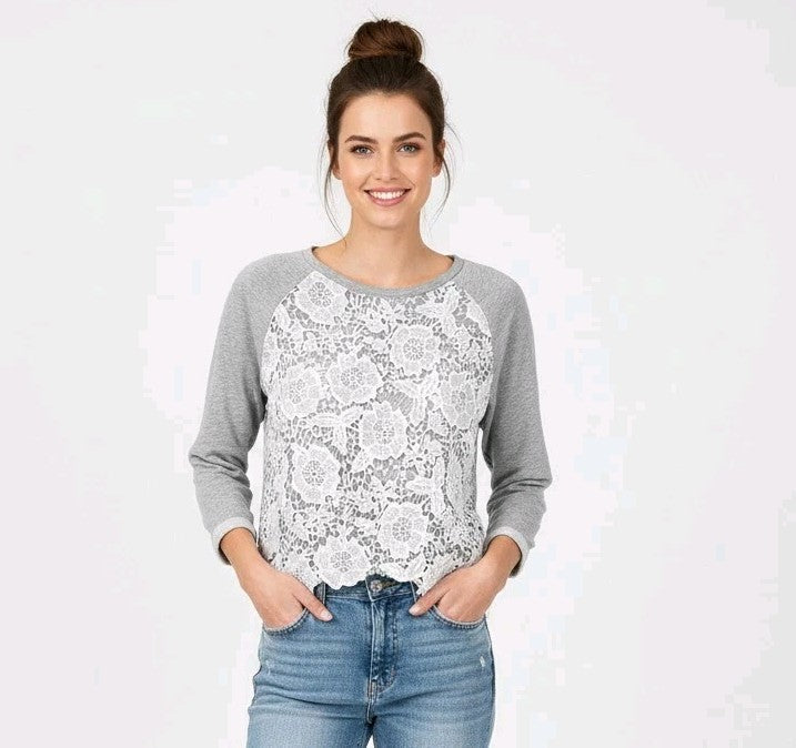 H&M Divided Grey Sweatshirt M White Floral Lace Overlay Raglan Pullover Crochet
