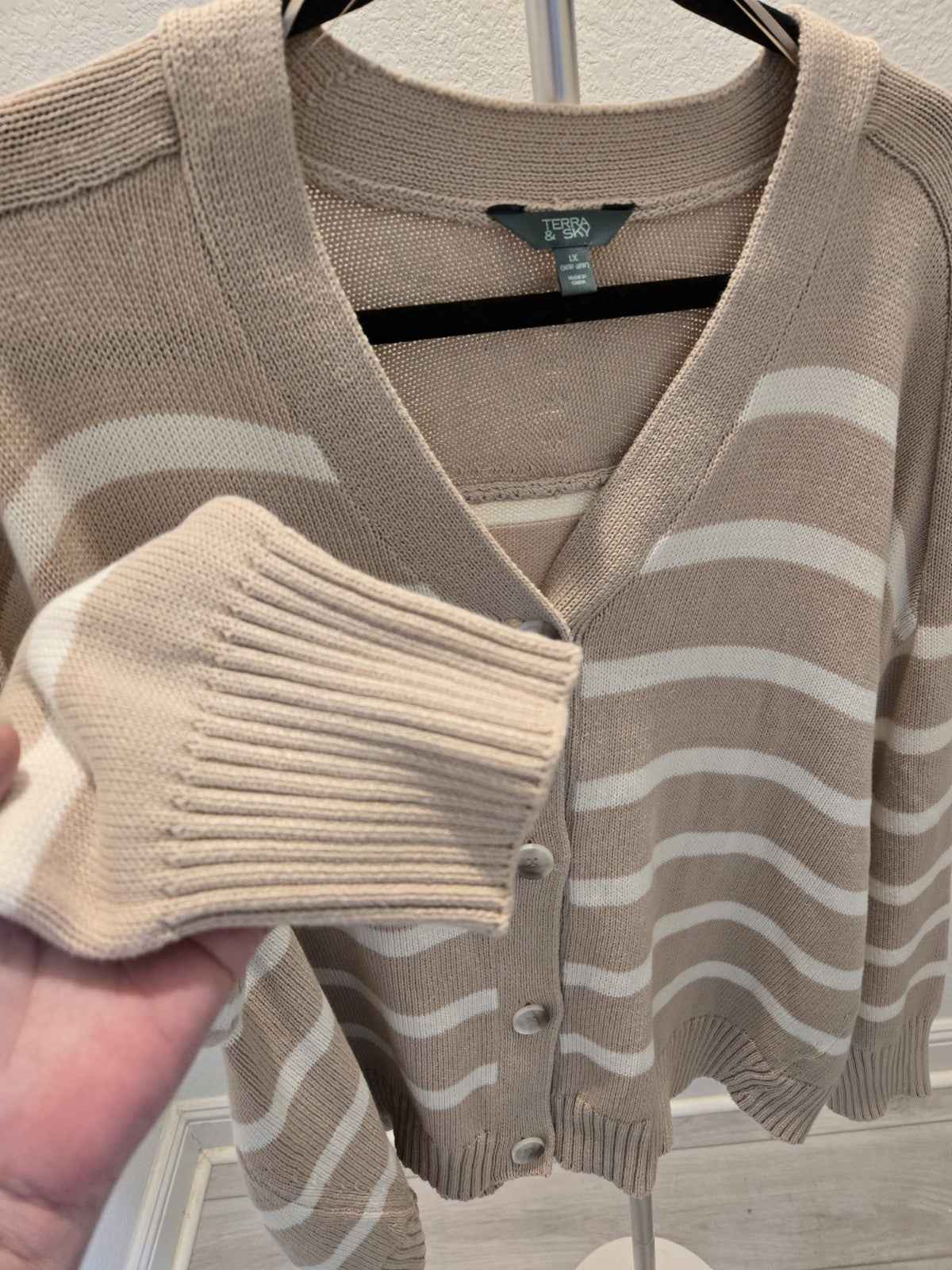Terra & Sky Ivory Wide Stripe Terra & Sky Boyfriend Cardigan Plus Size 3x 16x18