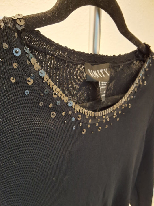 FINITY Size M Vintage Black 3/4 Sleeve Stretchy Top Sequin Neckline Womens Glam