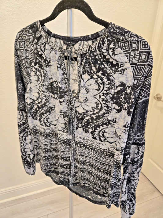 Lucky Brand Peasant Black White Paisley Tie Neck Boho Blouse Small Womens
