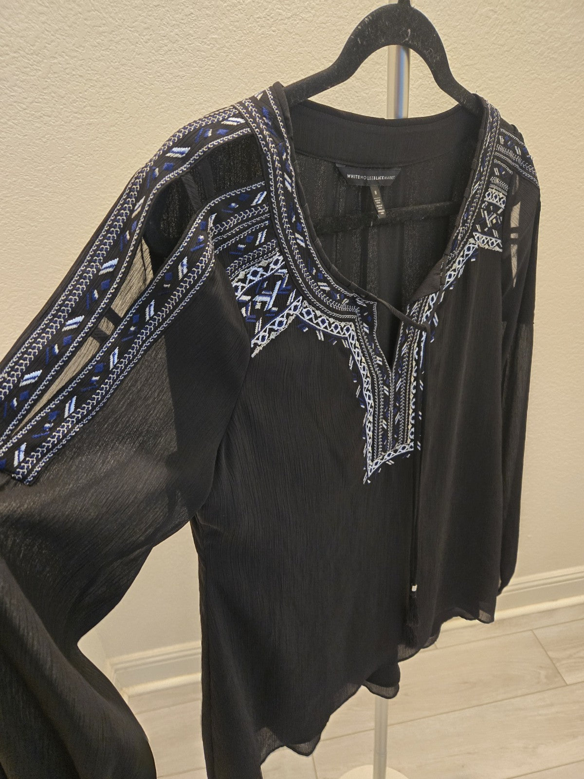 White House Black Market Embroidered New Black w/Tassel Tie Round Neck  Top Sm 8