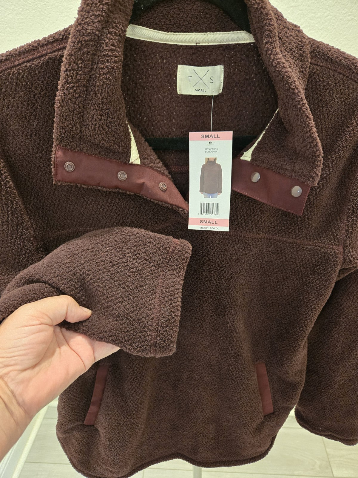T.S. Taking Shape S Burgundy Teddy Fleece 1/4 Snap Sweatshirt NWT MSRP $64