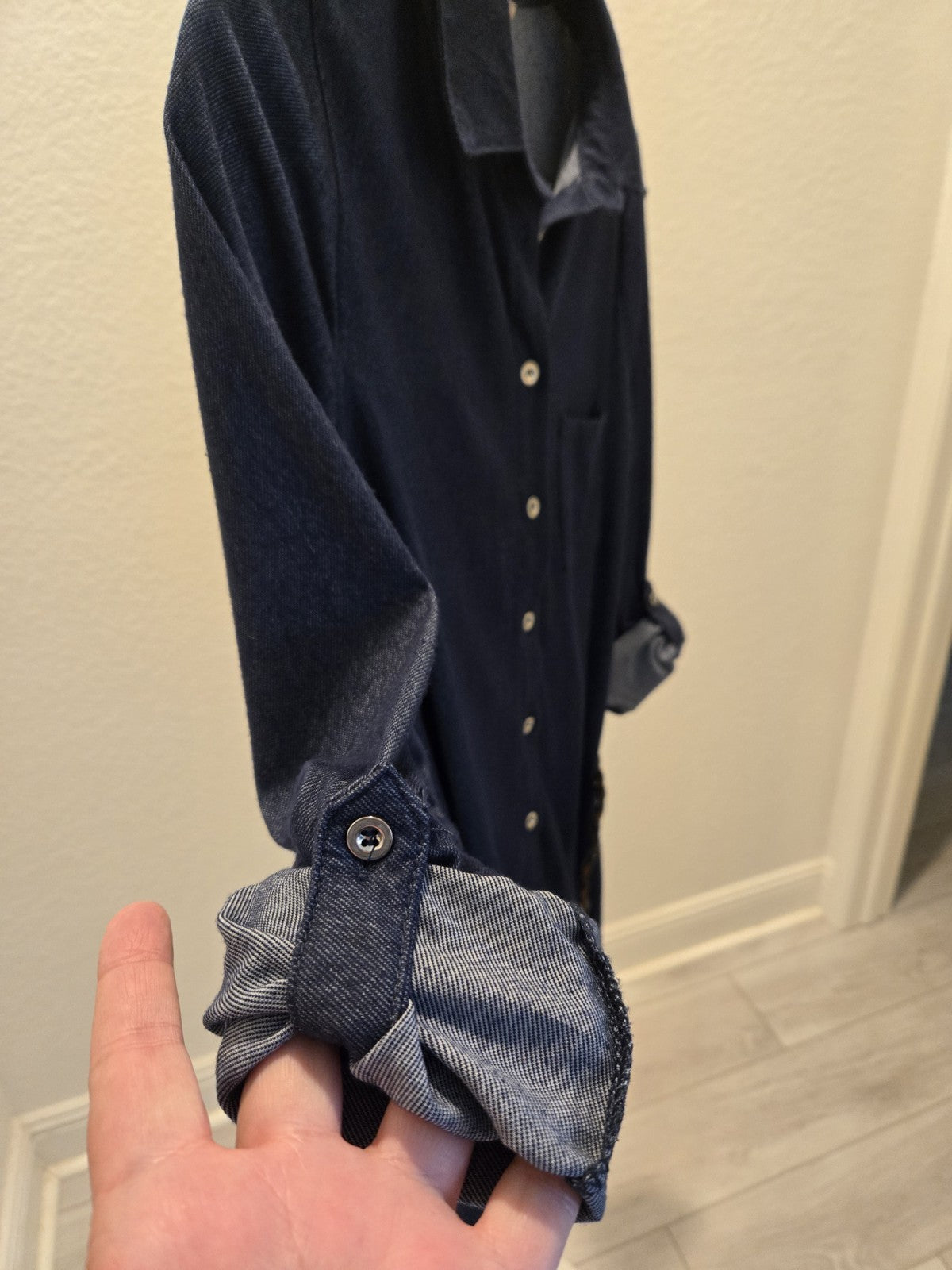 Stella Tweed Denim Shirt Dress M Womens Dark Wash Roll Tab Sleeve Belted Button
