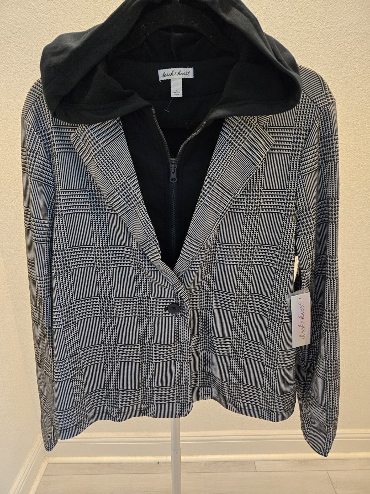 Derek Heart NEW Plaid Blazer L Womens Hoodie Insert Jacket Check Pattern Large