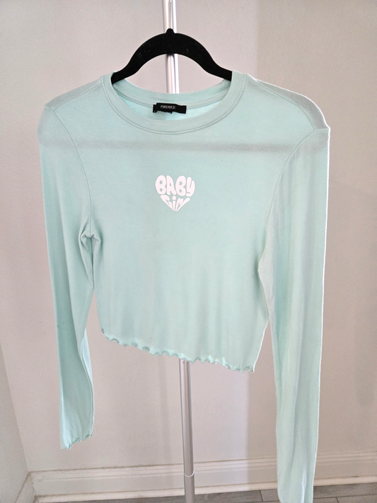 Forever 21 Small Mint Green Baby Girl Heart Graphic Crop Top Long Sleeve