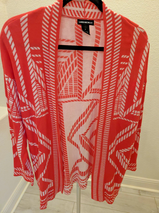 Lauren Michelle Y2K Geometric Open Front Cardigan Coral White Sweater Large