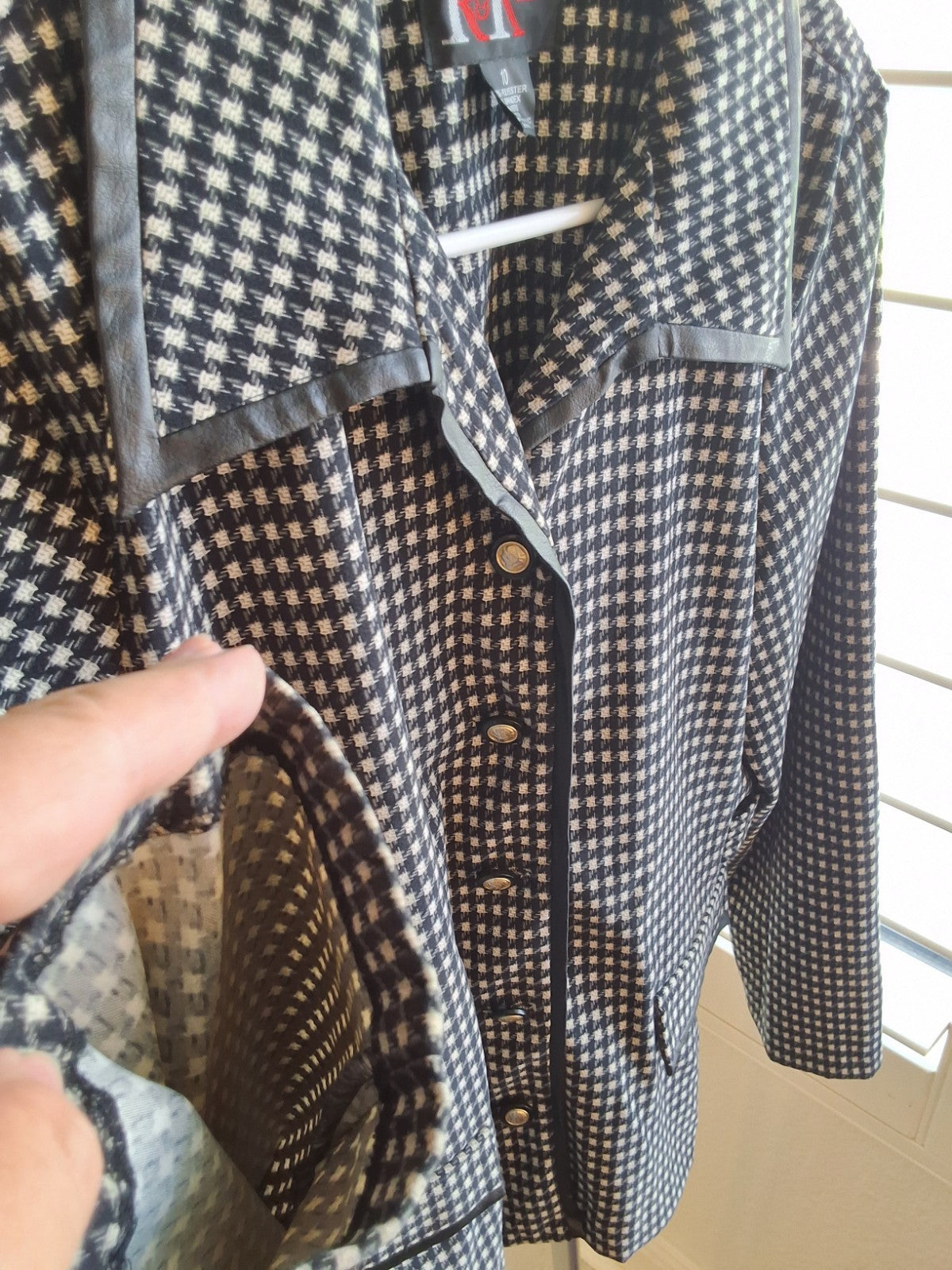 R&K Originals Houndstooth Blazer Jacket Faux Leather Trim Black White Womens 10