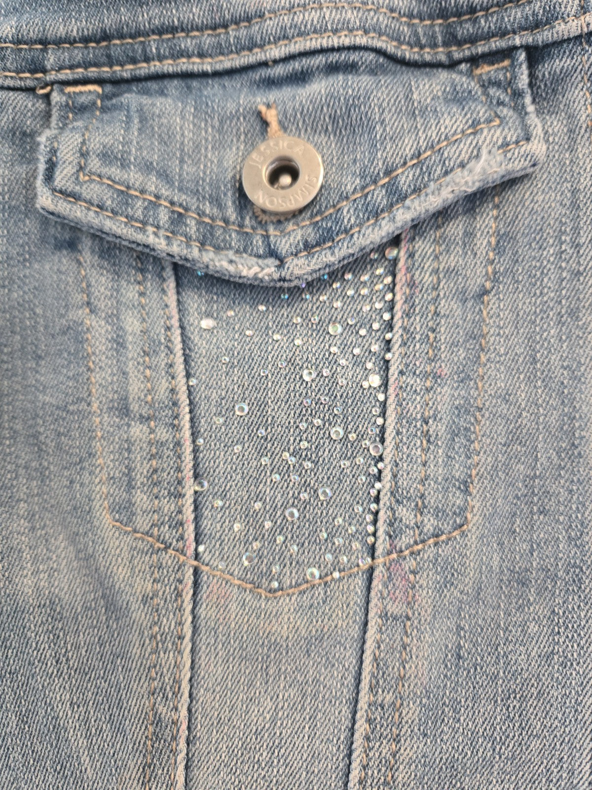Jessica Simpson S Rhinestone Denim Jacket Womens Bling Stretch Jean Y2K Style