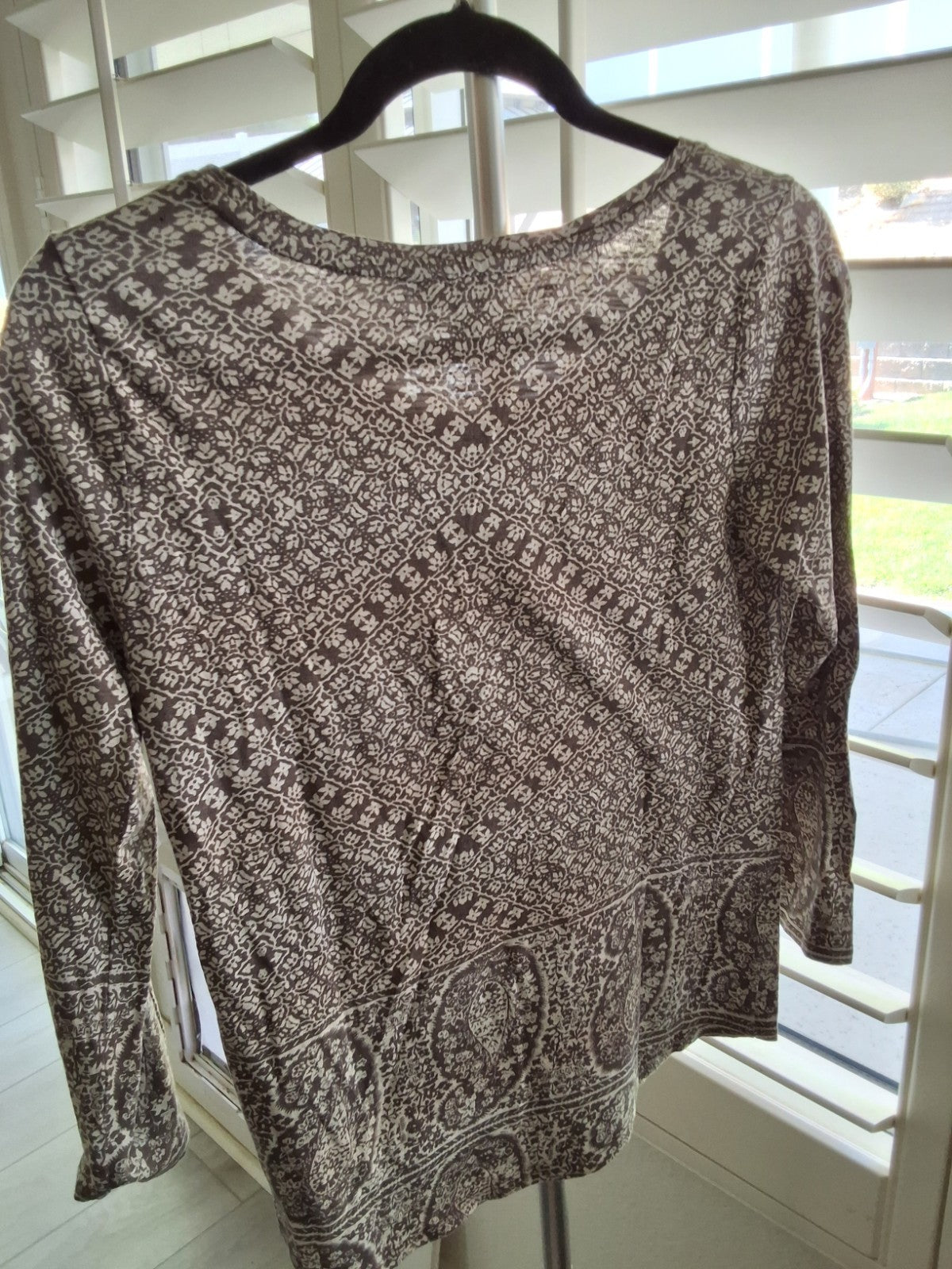 Lucky Brand Womens S/P Green White Print Long Sleeve Boho Top Paisley Top