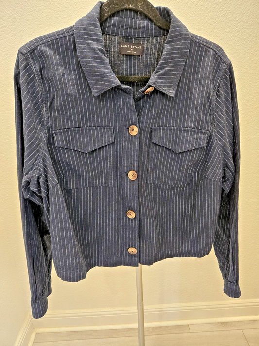 Lane Bryant Striped Linen 14 L Jacket Womens 14 Blue Cropped Shacket Pinstripe