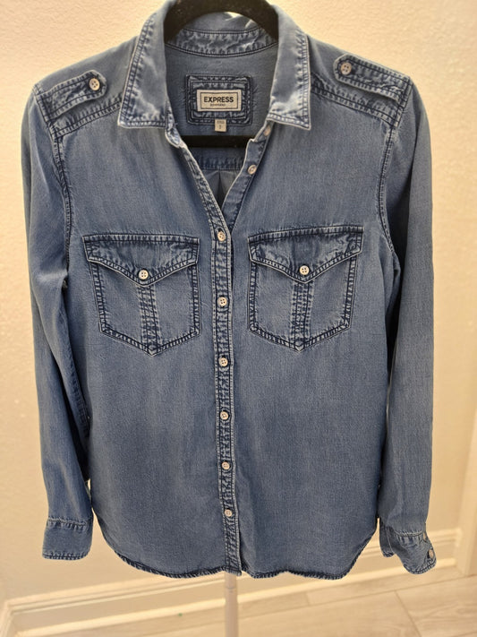 Express Boyfriend Chambray Small Denim Shirt Womens Button Down Dark Blue