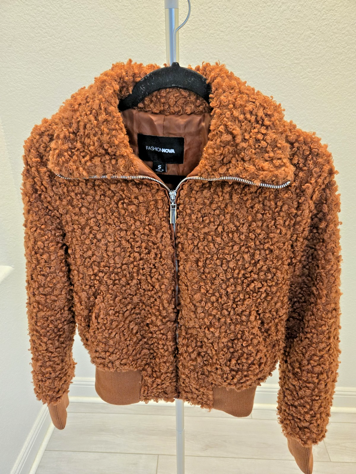 Fashion Nova S Teddy Bear Bomber Jacket, Cozy Fleece Shearling Zip-Up, Brown