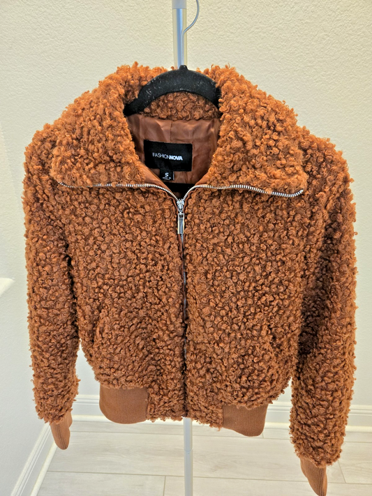 Fashion Nova S Teddy Bear Bomber Jacket, Cozy Fleece Shearling Zip-Up, Brown