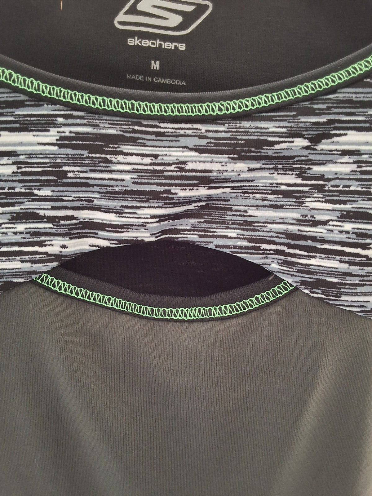 Skechers GOdry Black Gray Heathered Athletic Tank Top Keyhole Green Trim M Women