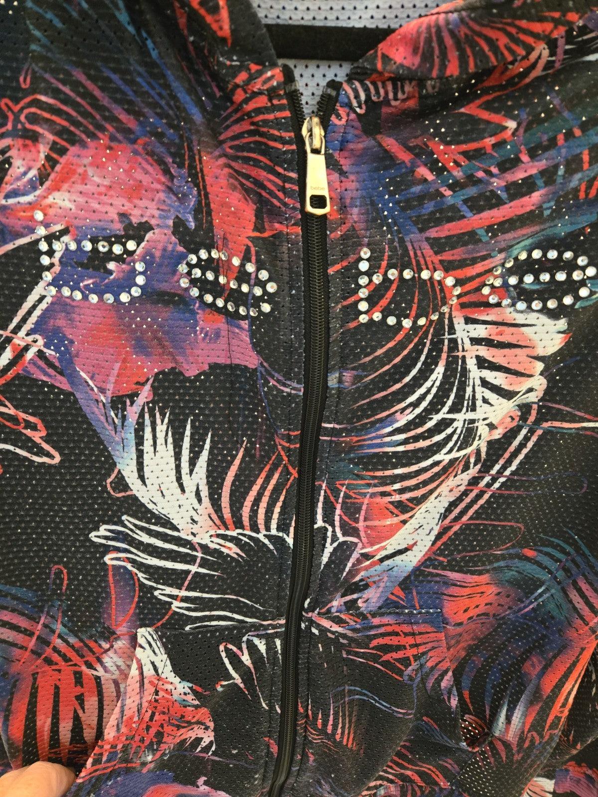 Bebe Sport Rhinestone Logo Mesh Zip Up Hoodie Y2K McBling Tropical Women's L