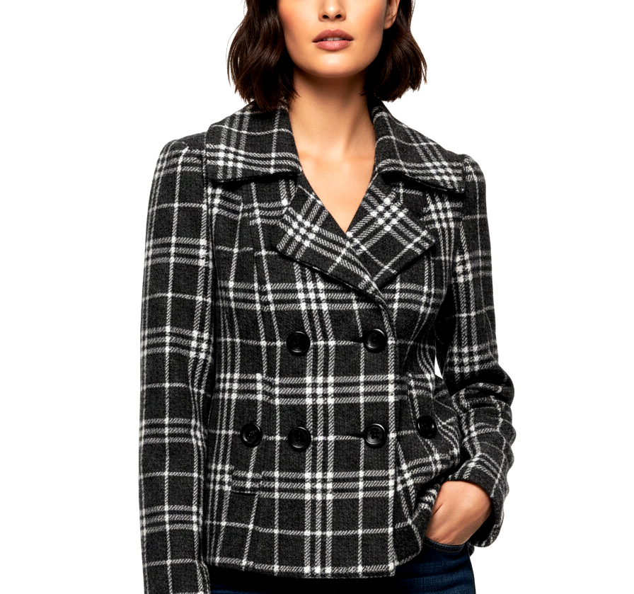 Susie Rose L Dark Academia Plaid Peacoat Cropped Double Breasted Quiet Luxury