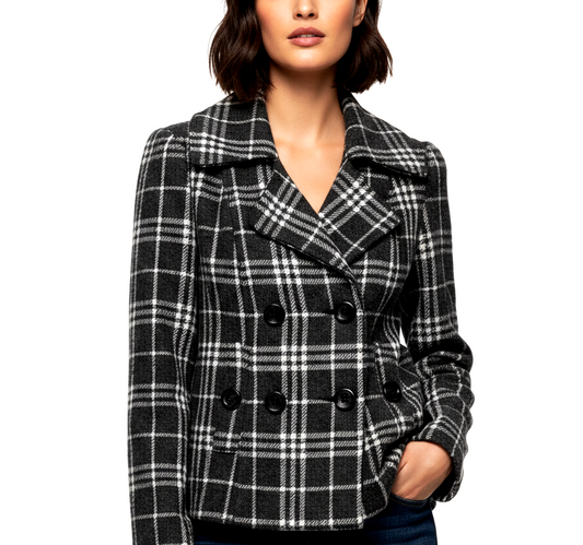 Susie Rose L Dark Academia Plaid Peacoat Cropped Double Breasted Quiet Luxury