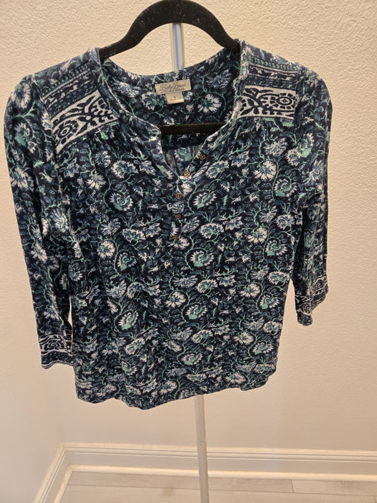 Lucky Brand Small Floral Paisley Henley 3/4 Sleeve Women Blue Cotton Knit Top