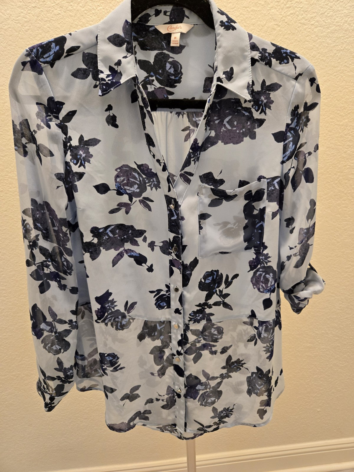 Candie's Y2K Blue Floral Sheer Button-Up Blouse Top M Roll Tab Sleeve Fairycore