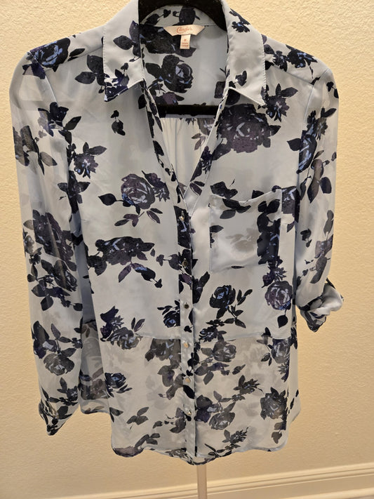Candie's Y2K Blue Floral Sheer Button-Up Blouse Top M Roll Tab Sleeve Fairycore