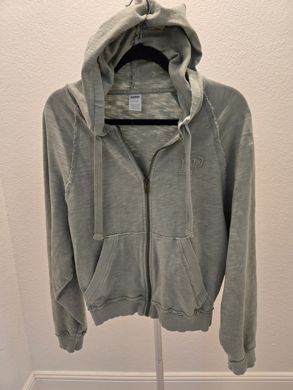 PINK Victoria Secret M Sage Green Distressed Zip Up Hoodie Raw Seam Y2K