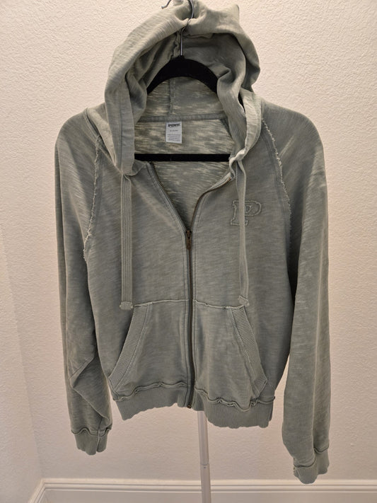 PINK Victoria Secret M Sage Green Distressed Zip Up Hoodie Raw Seam Y2K