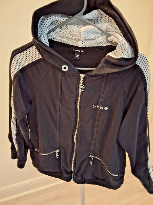 Bebe Vintage Y2K Black Full Zip Mesh L Hoodie Jacket Glam Rhinestone Logo Womens
