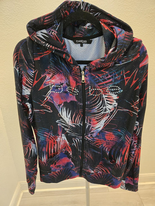 Bebe Sport Rhinestone Logo Mesh Zip Up Hoodie Y2K McBling Tropical Women's L