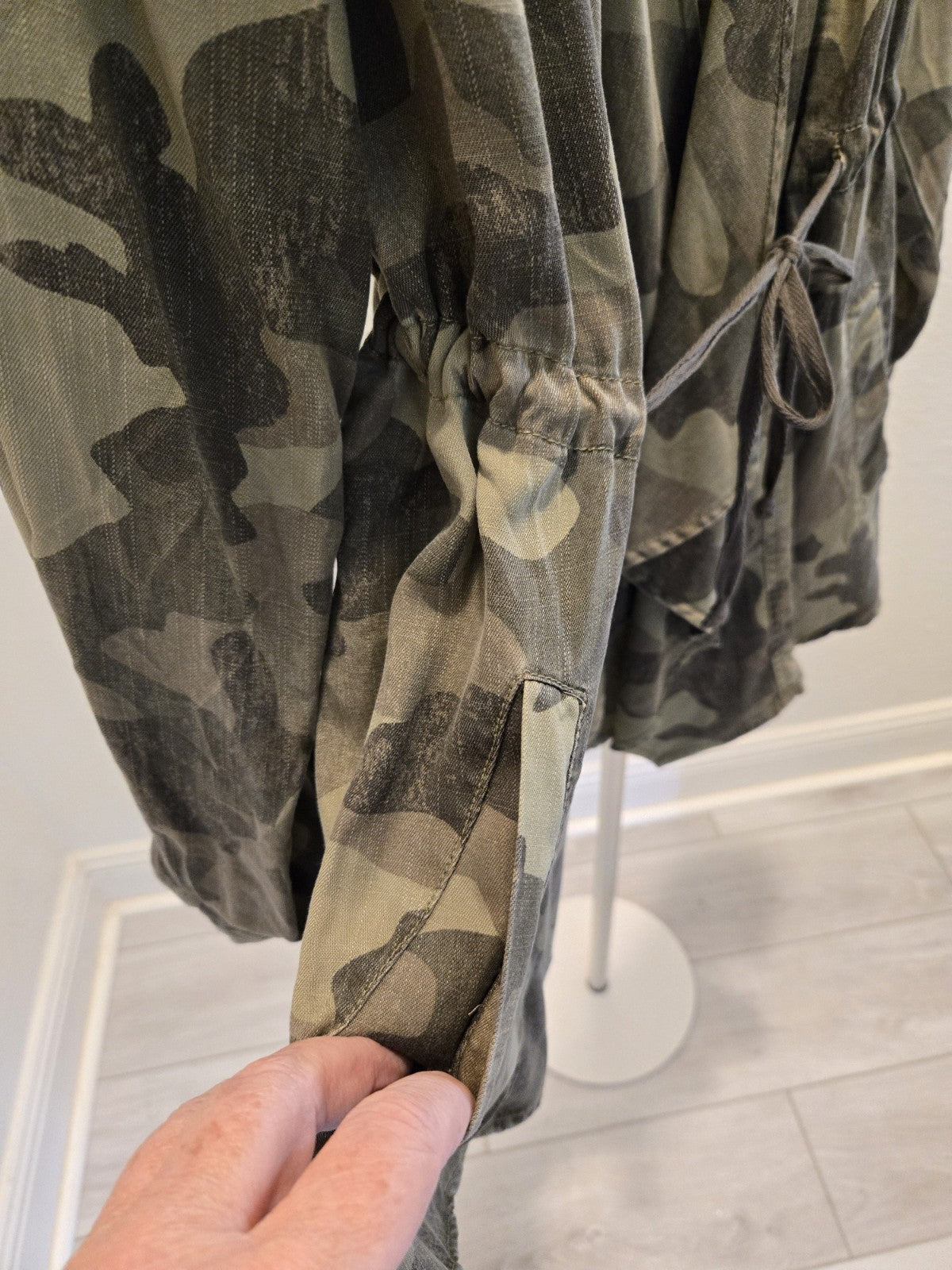 Knox Rose NWT Camo Utility Jacket L Draped Open Front Drawstring Tie Waist Boho