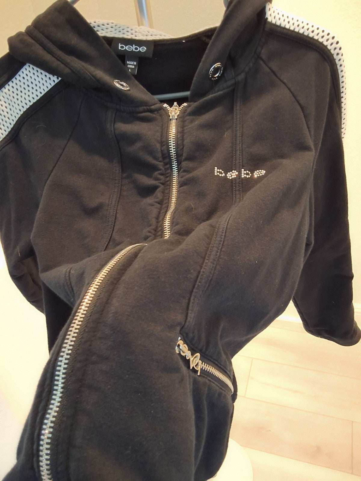 Bebe Vintage Y2K Black Full Zip Mesh L Hoodie Jacket Glam Rhinestone Logo Womens