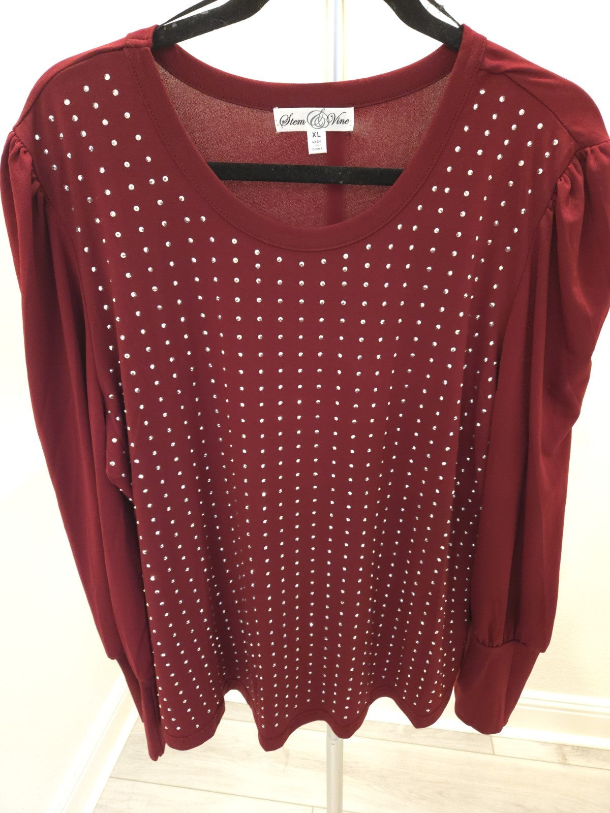 Stem & Vine Burgundy Rhinestone Top Puff Long Sleeve Blouse Holiday Womens XL