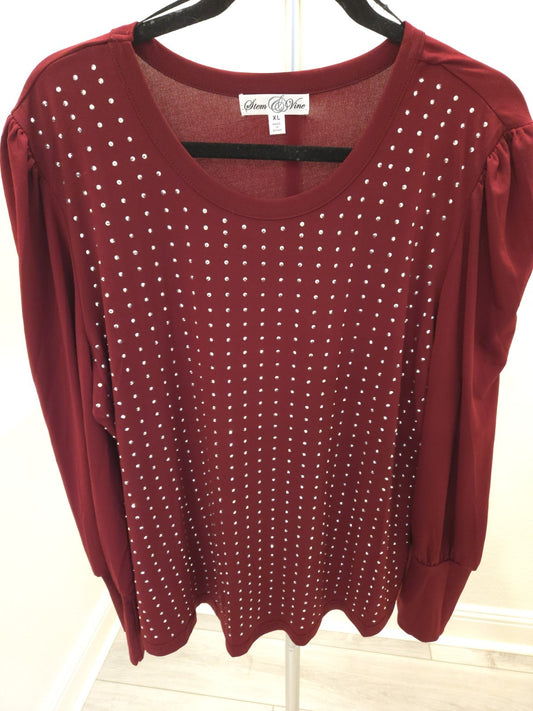 Stem & Vine Burgundy Rhinestone Top Puff Long Sleeve Blouse Holiday Womens XL