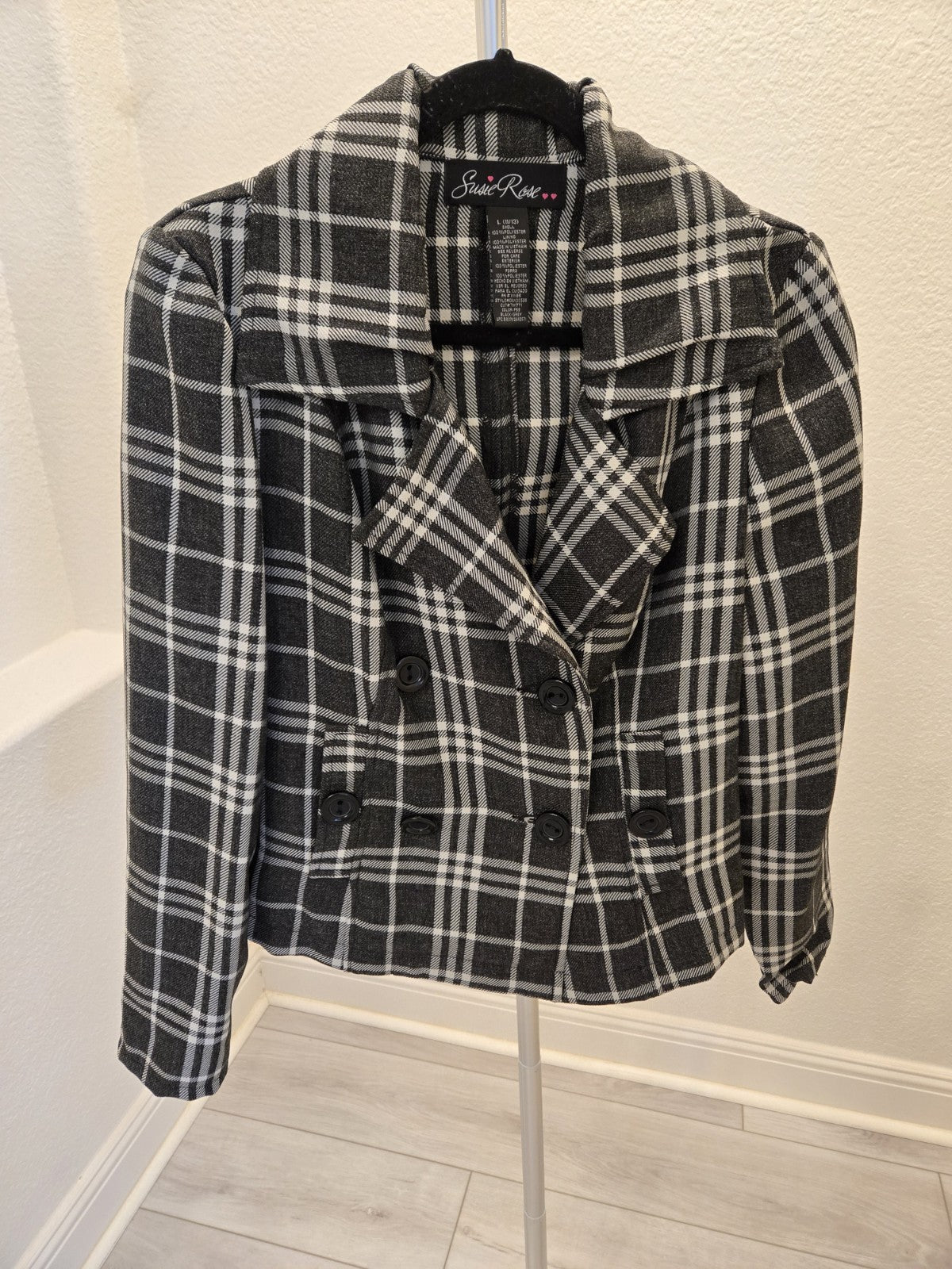 Susie Rose L Dark Academia Plaid Peacoat Cropped Double Breasted Quiet Luxury