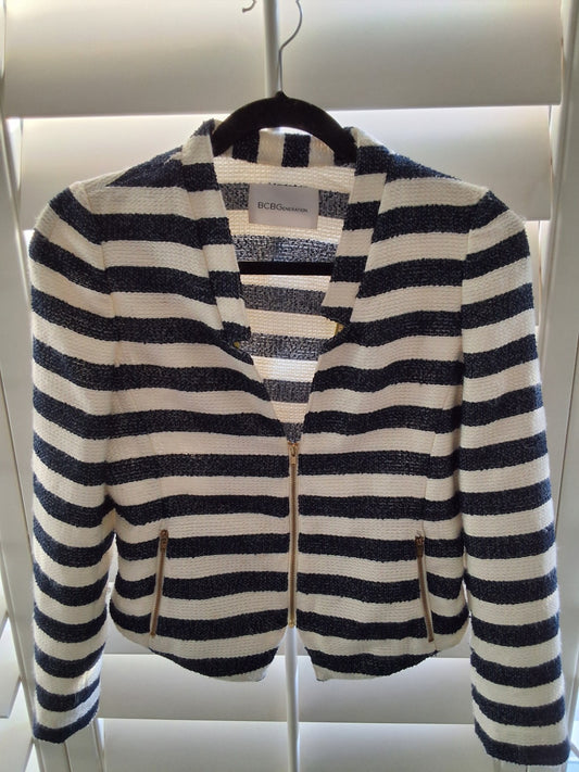 BCBGeneration Blue White Striped S Ziip Front Blazer Jacket Neon Accent Womens