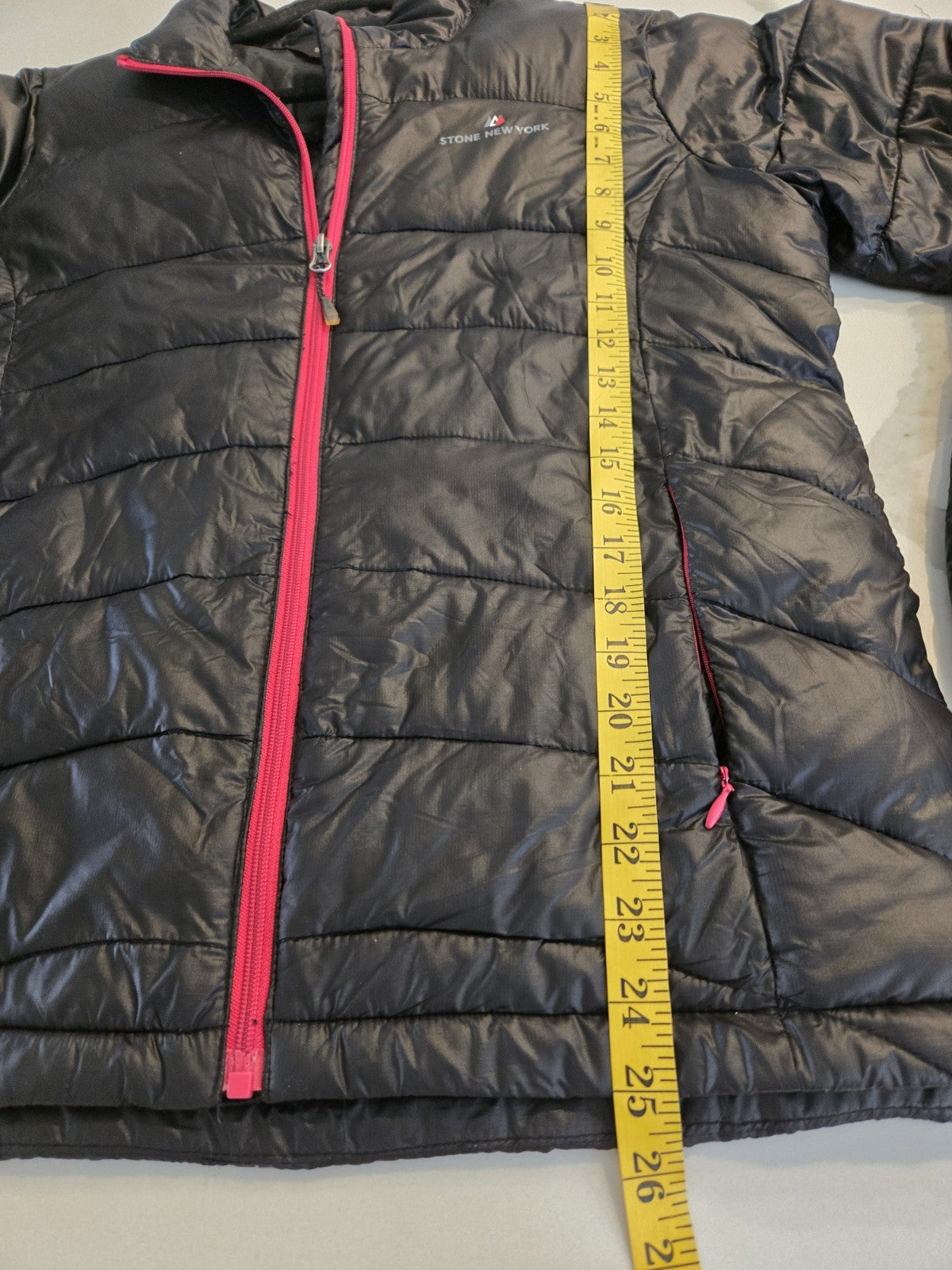 Stone New York M Puffer Jacket Womens Black Pink Trim Full Zip Lightweight Coat
