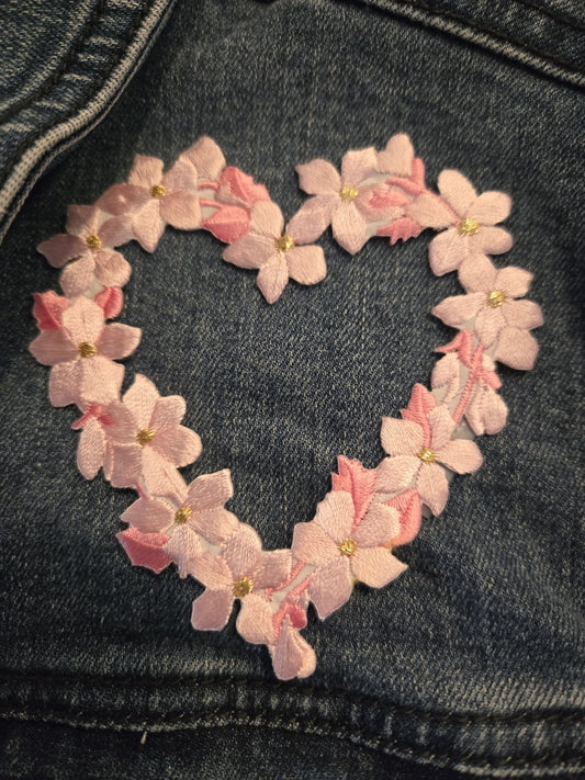 Celebrity Pink Embroidered Floral Heart Denim Trucker Jacket L Collared Y2K