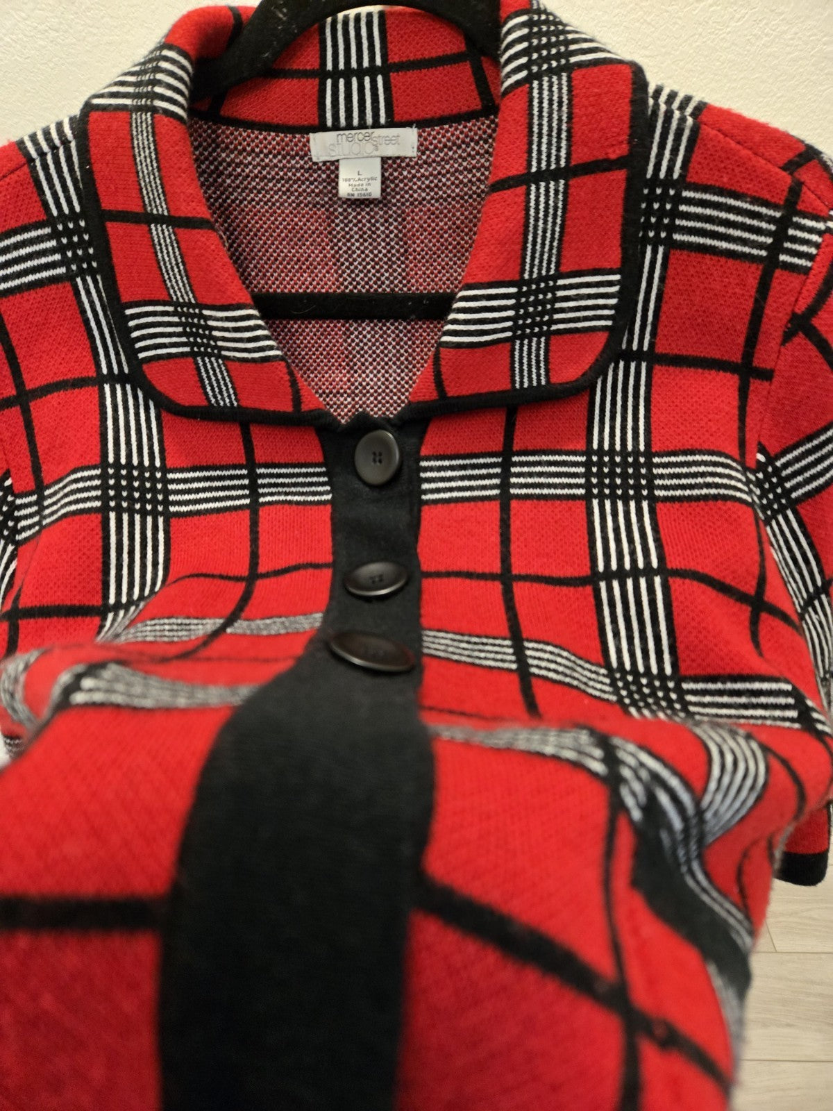 Mercer Street Studio Plaid Sweater Jacket Structured Retro Red L Dark Academia