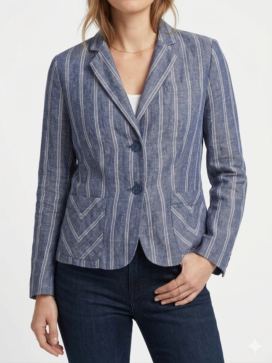 Cabi Size 10 Navy Blue White Pinstripe Linen Blazer Chevron Pocket Jacket