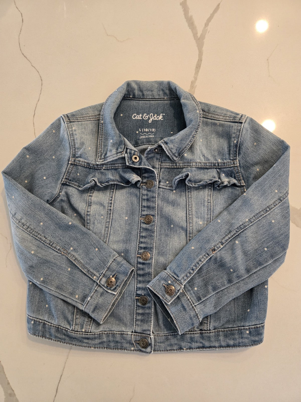 Cat & Jack L 10/12 Polka Dot Ruffle Denim Jacket Kids Girls Blue Jean Trucker