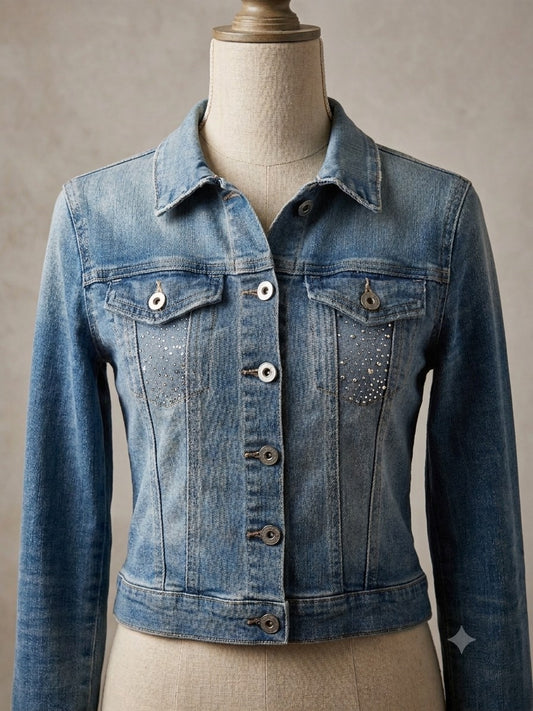 Jessica Simpson S Rhinestone Denim Jacket Womens Bling Stretch Jean Y2K Style