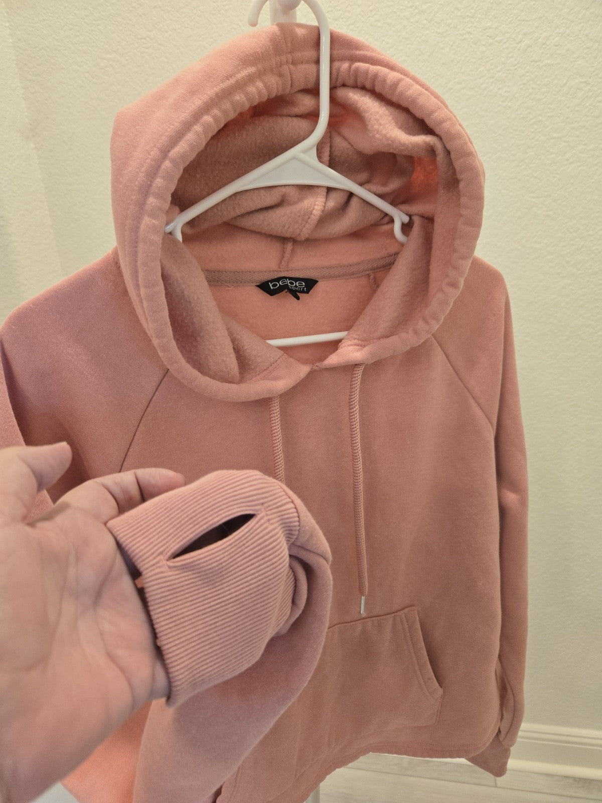 Bebe Sport Womens L Sequin Pink Pullover Hoodie Sweatshirt Thumbholes Dusty Rose