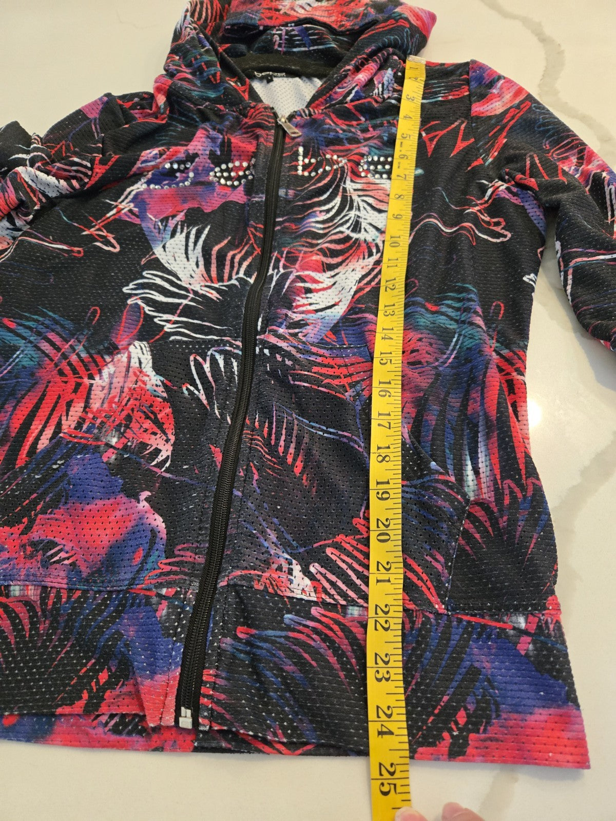 Bebe Sport Rhinestone Logo Mesh Zip Up Hoodie Y2K McBling Tropical Women's L